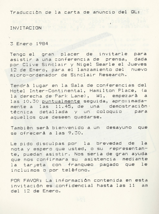 Carta invitación para la presentación del Sinclair QL